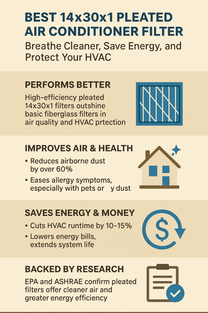 Best 14x30x1 Pleated Air Conditioner Filter – Breathe Cleaner, Save Energy, and Protect Your HVAC With the Top Home Filter Pick 2 Infographic titled 'Best 14x30x1 Pleated Air Conditioner Filter' highlighting key benefits: improved air quality, reduced allergens, energy savings, and EPA/ASHRAE-backed performance data.