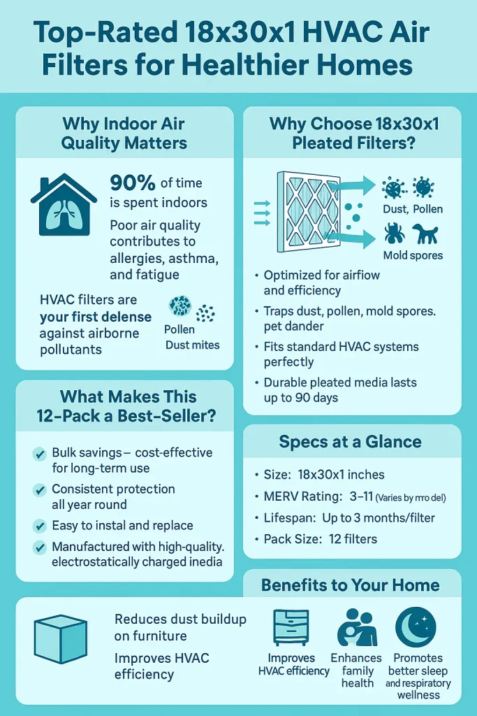 Healthier Homes Start Here – Best Rated 18x30x1 Pleated Air Conditioner Filter 12 Pack for Cleaner Indoor Air 2 Infographic titled 'Top-Rated 18x30x1 HVAC Air Filters for Healthier Homes' showing benefits of indoor air quality, features of pleated filters, 12-pack advantages, product specifications, and home health improvements with icons and light blue design."