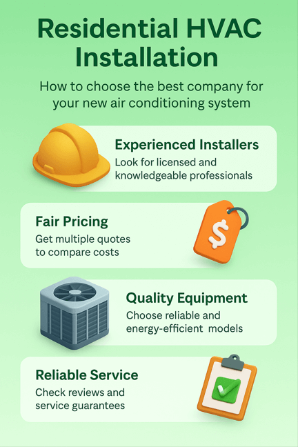 Need Residential HVAC Air Conditioning Installation Services Near Miami Beach, FL? Discover the Best Company for Price, Cost & Quality Service 2 Infographic outlining how to choose the best residential HVAC installation company. Highlights include four key factors: experienced installers who are licensed and knowledgeable, fair pricing by comparing multiple quotes, quality equipment that is reliable and energy-efficient, and reliable service backed by customer reviews and service guarantees.