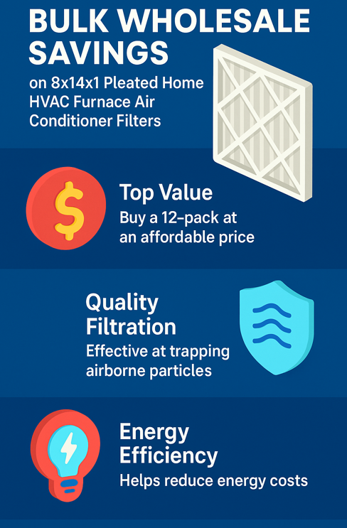 Bulk Wholesale Savings on 8x14x1 Pleated Home HVAC Furnace Air Conditioner Filters – Buy the Best Cheap 12 Pack for Quality and Efficiency 2 Vertical infographic showing bulk wholesale savings on 8x14x1 pleated home HVAC furnace air conditioner filters with icons for value, filtration, and energy efficiency.